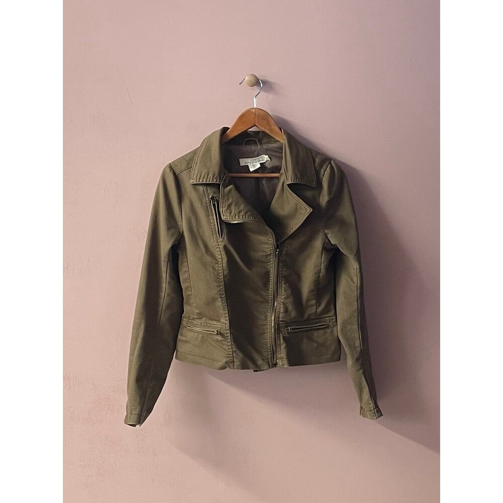 H&M L.O.G.G. Dark Khaki Olive Moto Style Jacket Size 8 (Fits More Like a 2/4)